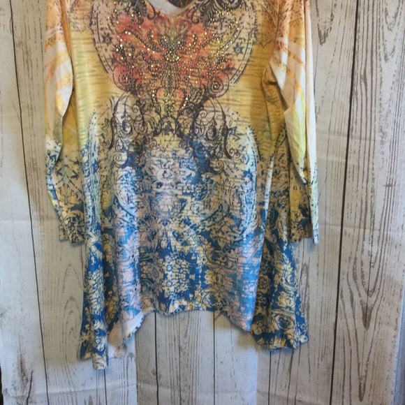 Reba Multicolor V-Neck Women's Longer Top Riveted Detail Casual Office Large - Picture 2 of 6